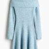 H & M - Ribgebreide off-the-shoulderjurk - Lichtblauw Gemêleerd