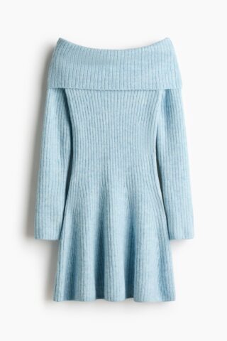 H & M - Ribgebreide off-the-shoulderjurk - Lichtblauw Gemêleerd