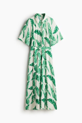 H & M - Overhemdjurk met strikceintuur - Wit/Groen Dessin