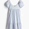 H & M - Jurk met pofmouwen - Lichtblauw/Gestreept