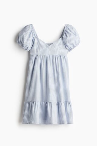 H & M - Jurk met pofmouwen - Lichtblauw/Gestreept