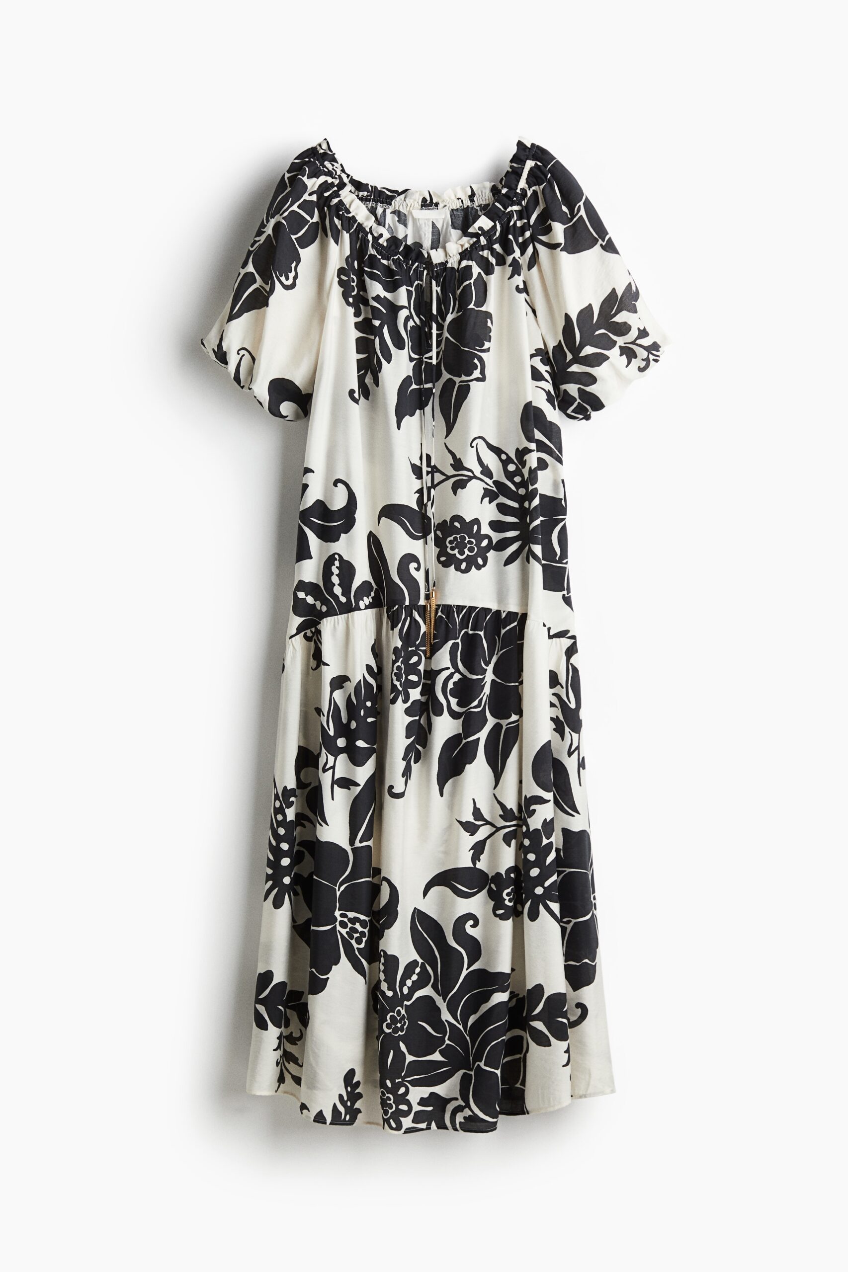 H & M - Jurk met drawstring - Wit/Zwart Bloemen H & M - Jurk met drawstring - Wit/Zwart Bloemen