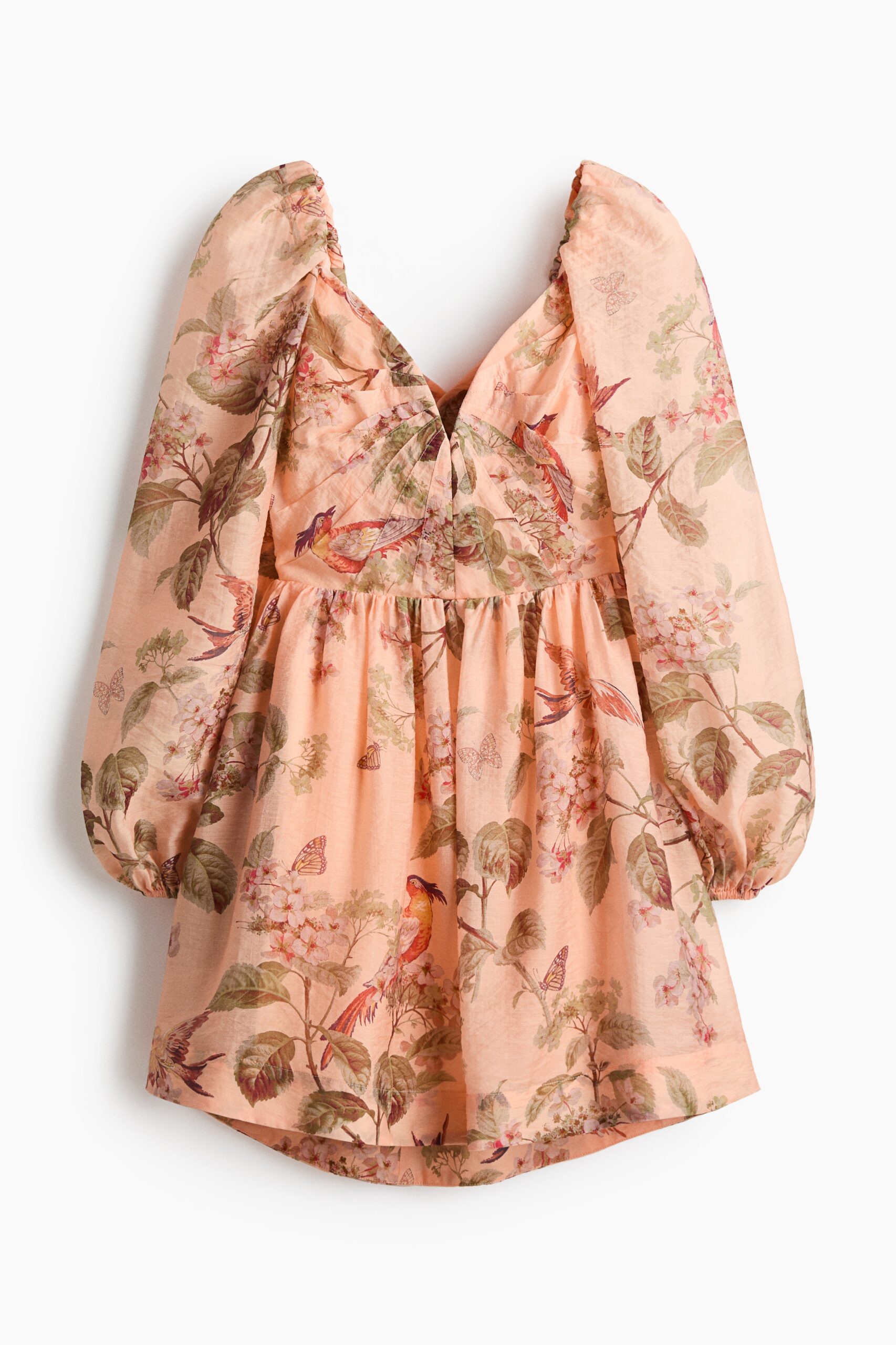 H & M - Jurk met pofmouwen en strikdetail - Perzikroze/Bloemen