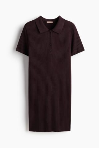 H & M - Ribgebreide jurk met kraag - Bordeauxrood