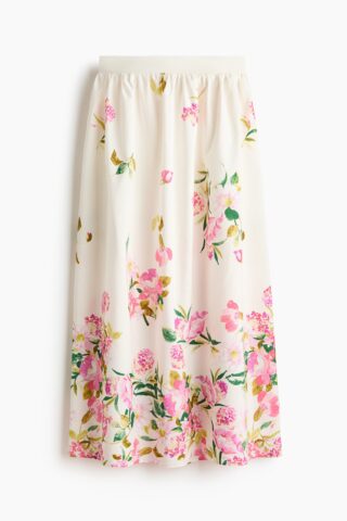 H & M - Katoenen A-linerok - Roomwit/Bloemen
