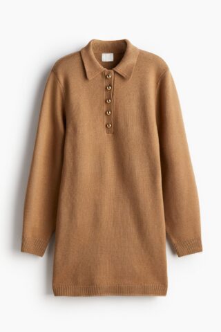 H & M - Fijngebreide jurk met kraag - Donkerbeige
