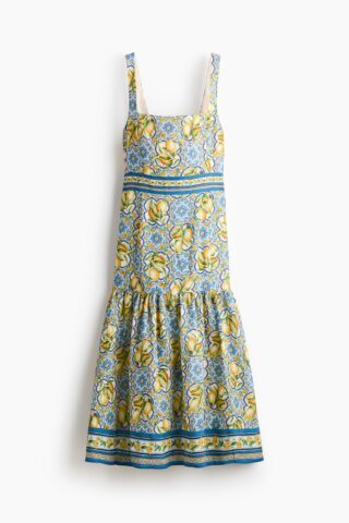 H & M - Jurk van linnenmix met strikbanden - Blauw/Citroenen