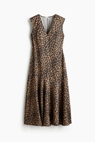 H & M - Satijnen jurk met V-hals - Beige/Luipaarddessin