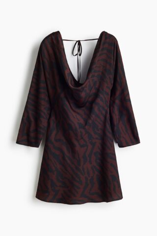 H & M - Jurk met watervalhals en uitlopende rok - Donkerbruin/Zebradessin