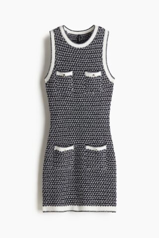 H & M - Structuurgebreide jurk met zakken - Marineblauw/Dessin