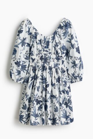 H & M - Katoenen jurk met uitlopende rok - Wit/Bloemen