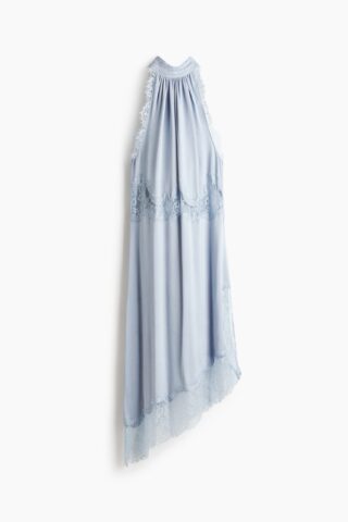 H & M - Satijnen jurk met kant - Dusty Lichtblauw