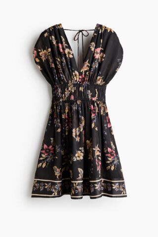H & M - Gedrapeerde jurk met strikbandjes - Zwart/Bloemen