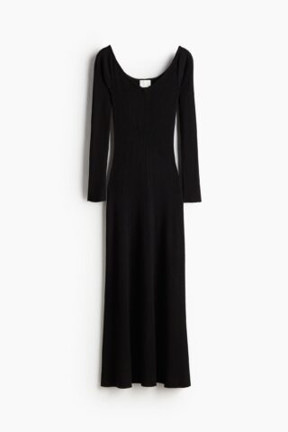H & M - Ribgebreide off-the-shoulderjurk - Zwart