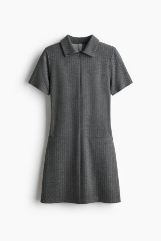 H & M - Tricot jurk met kraag - Grijs Gemêleerd/Krijtstreep