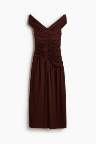 H & M - Gedrapeerde off-the-shoulderjurk van tricot - Donkerbruin