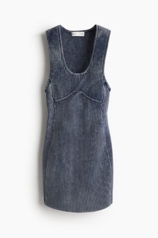 H & M - Ribgebreide jurk met wassing - Duifblauw Gemêleerd