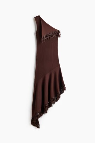 H & M - One-shoulderjurk met franje - Donkerbruin