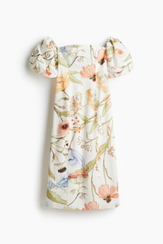 H & M - Katoenen off-the-shoulderjurk - Wit/Bloemen