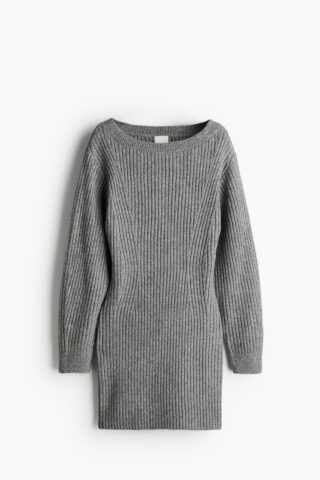 H & M - Ribgebreide jurk met boothals - Grijs Gemêleerd