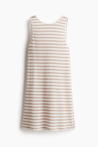 H & M - Structuurgebreide mouwloze jurk - Beige/Wit Gestreept