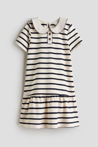 H & M - Tricot jurk met picotrandjes - Roomwit/Gestreept