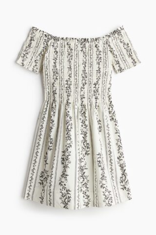 H & M - Gesmokte off-the-shoulderjurk - Roomwit/Zwart Bloemen