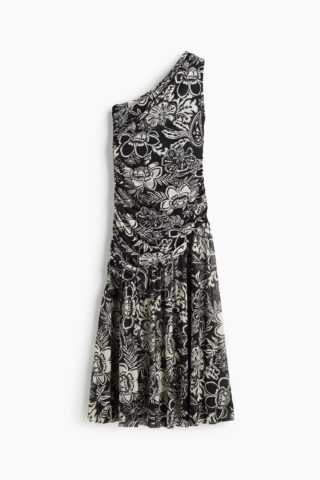 H & M - Gedrapeerde one-shoulderjurk - Zwart/Bloemen