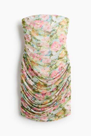 H & M - Gedrapeerde bandeaujurk - Lichtblauw/Bloemen
