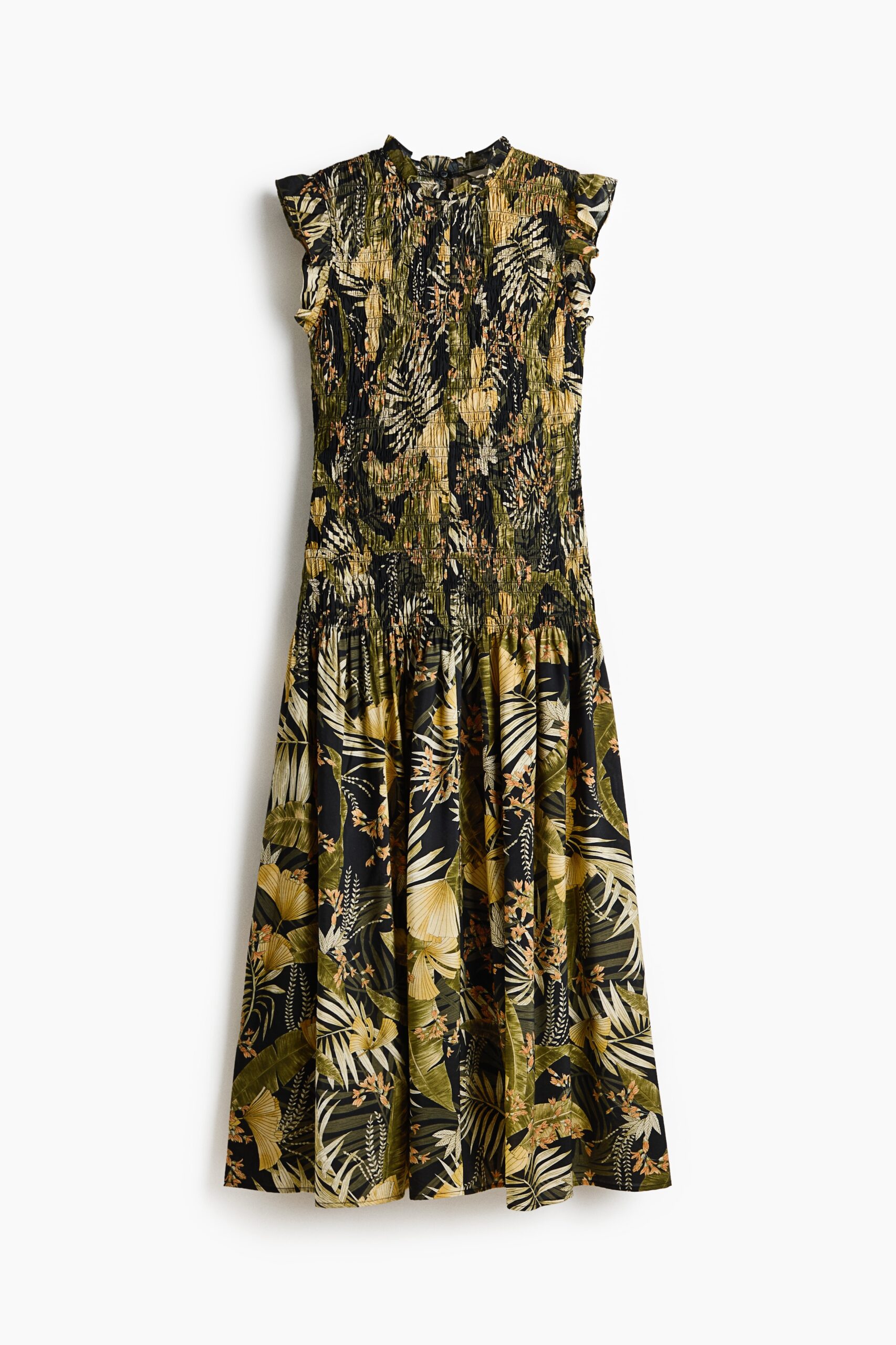 H & M - Midi-jurk met smokwerk - Zwart/Bloemen H & M - Midi-jurk met smokwerk - Zwart/Bloemen
