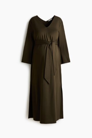 H & M - MAMA Tricot jurk met strikceintuur - Donker Kakigroen
