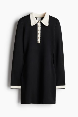 H & M - Gebreide jurk met kraag - Zwart/Roomwit