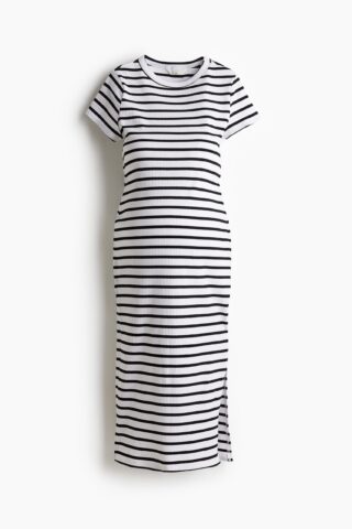 H & M - MAMA Geribde T-shirtjurk - Wit/Zwart Gestreept