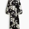 H & M - Jurk van linnenmix met strikceintuur - Zwart/Witte Bloemen