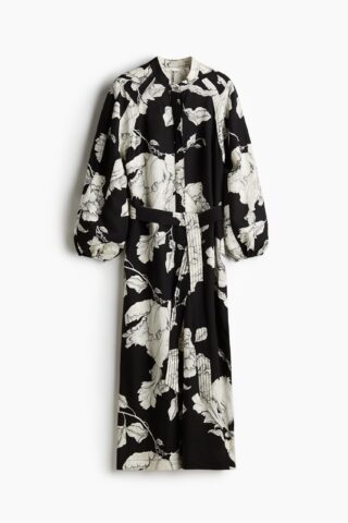 H & M - Jurk van linnenmix met strikceintuur - Zwart/Witte Bloemen