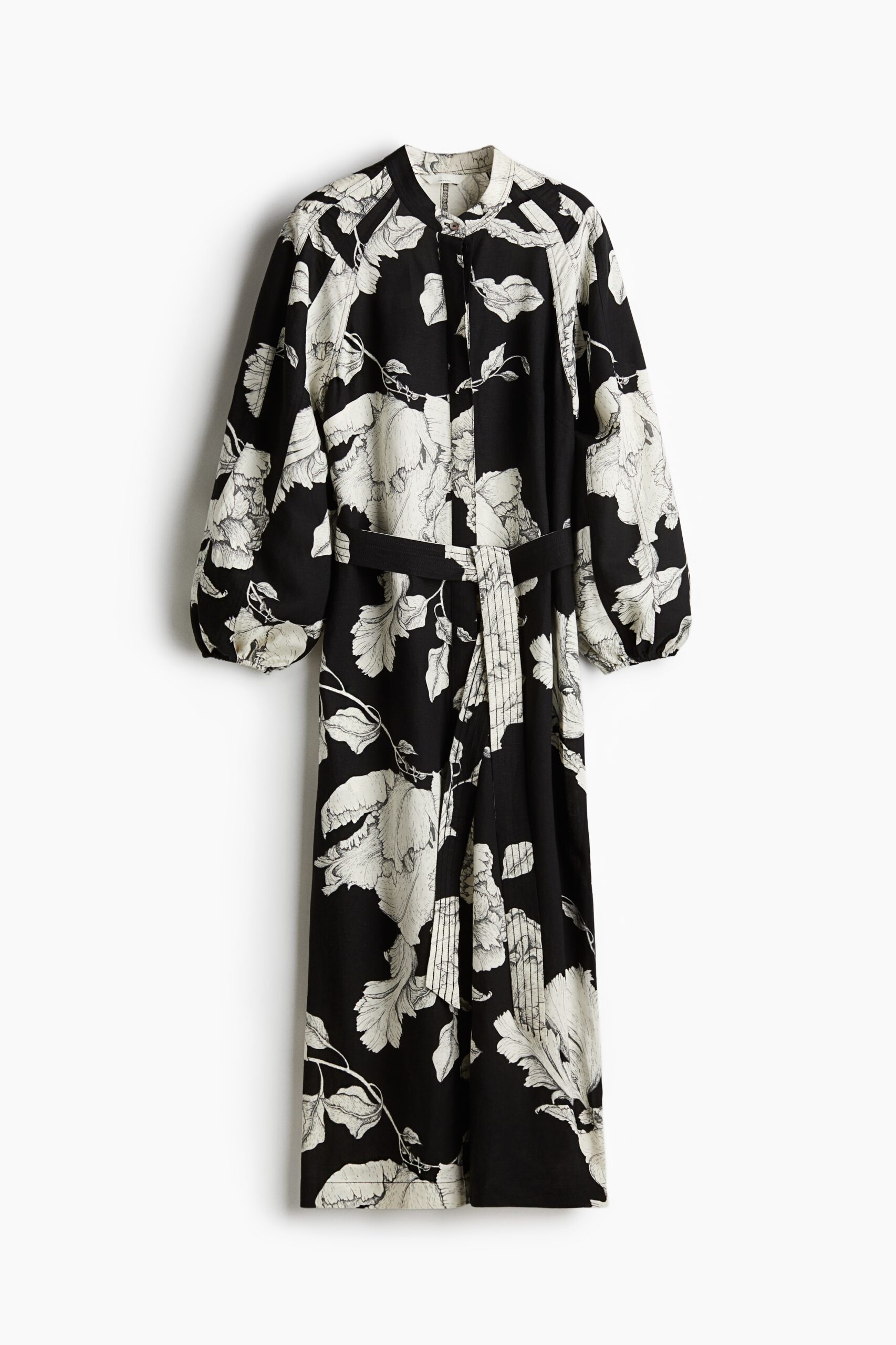 H & M - Jurk van linnenmix met strikceintuur - Zwart/Witte Bloemen H & M - Jurk van linnenmix met strikceintuur - Zwart/Witte Bloemen