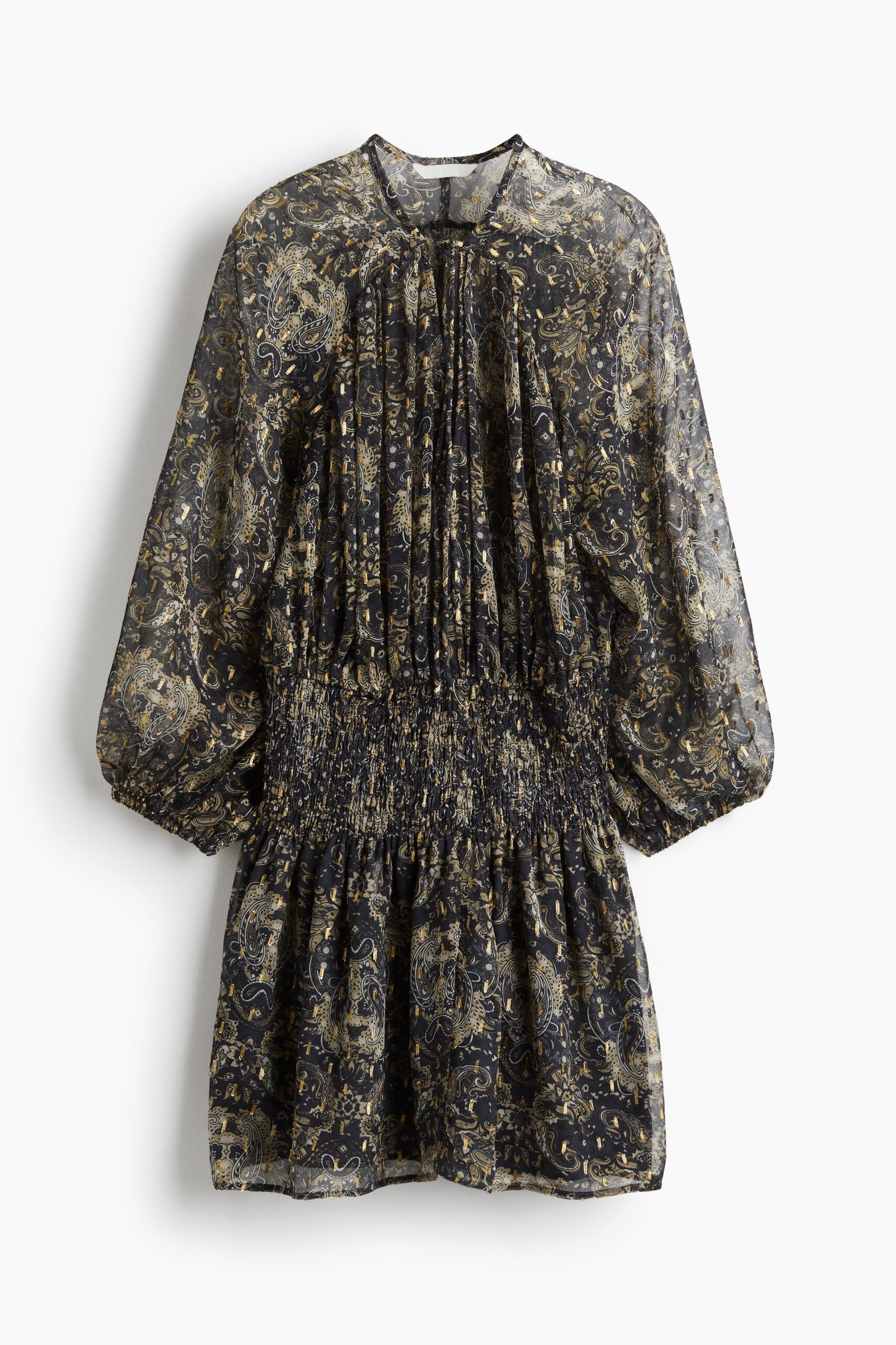 H & M - Gesmokte jurk van chiffon - Marineblauw/Dessin