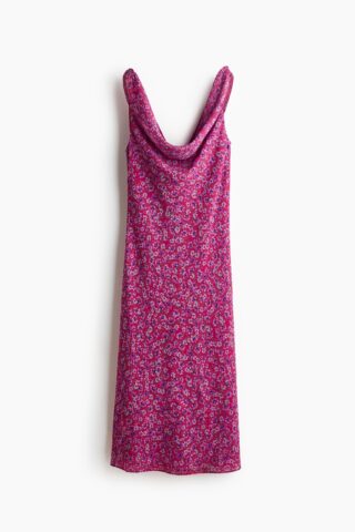 H & M - Jurk met watervalhals en strikbanden - Donkerroze/Bloemen