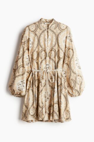 H & M - Jurk met macraméceintuur - Beige/Dessin