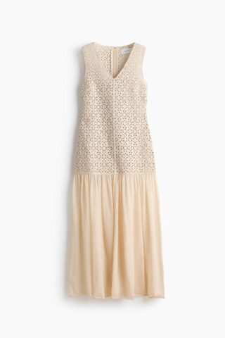 H & M - Jurk met gehaakte look en uitlopende rok - Lichtbeige