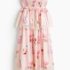 H & M - Bandeaujurk met kanten biezen - Lichtroze/Bloemen