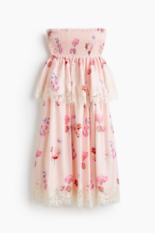 H & M - Bandeaujurk met kanten biezen - Lichtroze/Bloemen