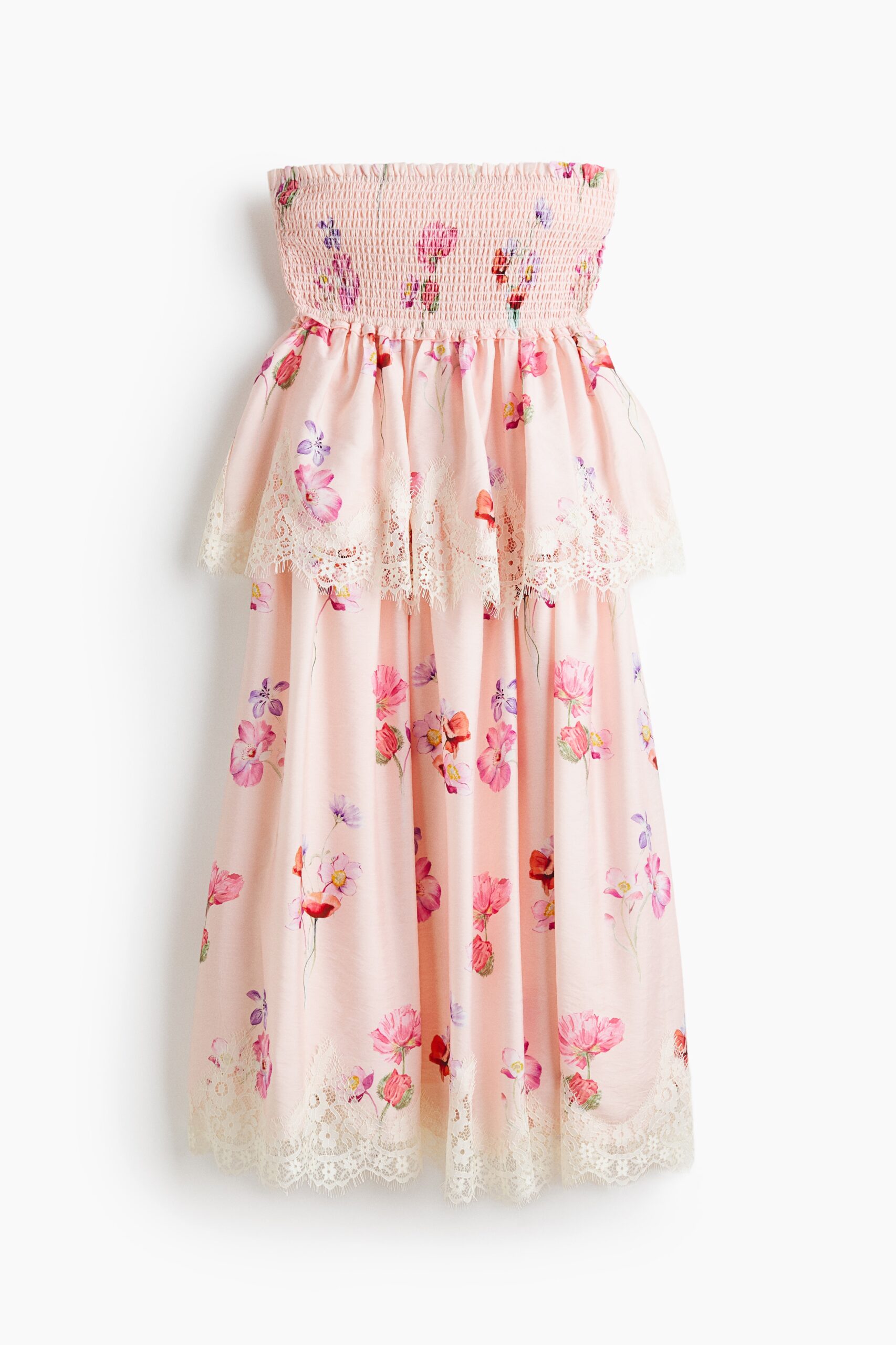 H & M - Bandeaujurk met kanten biezen - Lichtroze/Bloemen