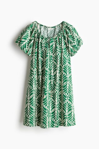 H & M - Jurk met drawstring - Wit/Groen Dessin