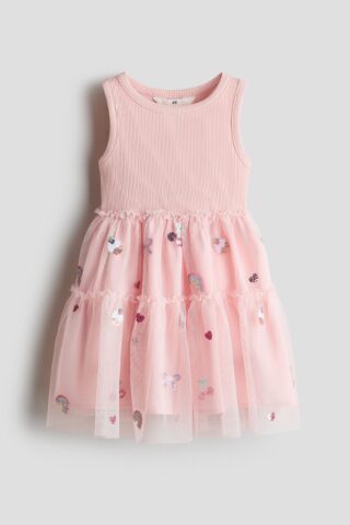 H & M - Jurk met tulen rok - Dusty Lichtroze/Cupcakes