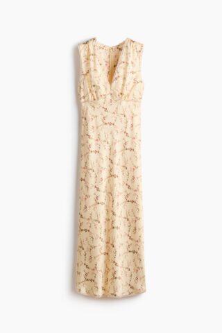 H & M - Mouwloze satijnen jurk - Lichtgeel/Bloemen