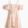 H & M - Cold-shoulderjurk van linnenmix - Lichtbeige/Bloemen