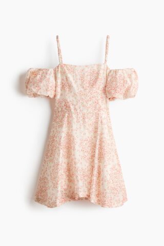H & M - Cold-shoulderjurk van linnenmix - Lichtbeige/Bloemen