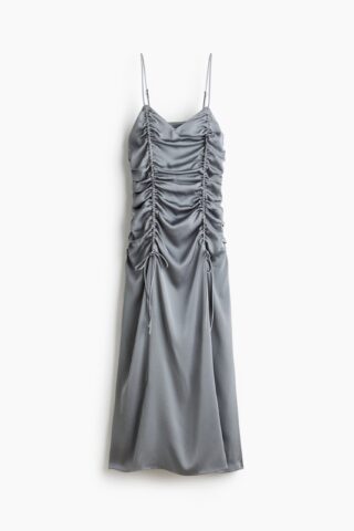 H & M - Satijnen jurk met drawstrings - Grijs
