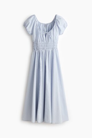 H & M - Jurk met gesmokte taille - Lichtblauw/Geruit